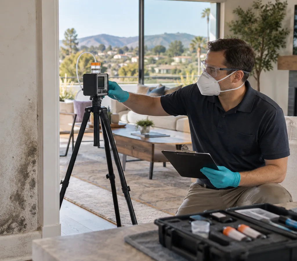 Certified mold inspector collecting an air sample in a Laguna Hills home