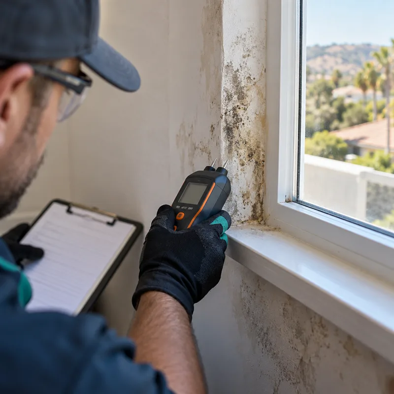 Gloved inspector taking a moisture meter reading on stained drywall near a window frame