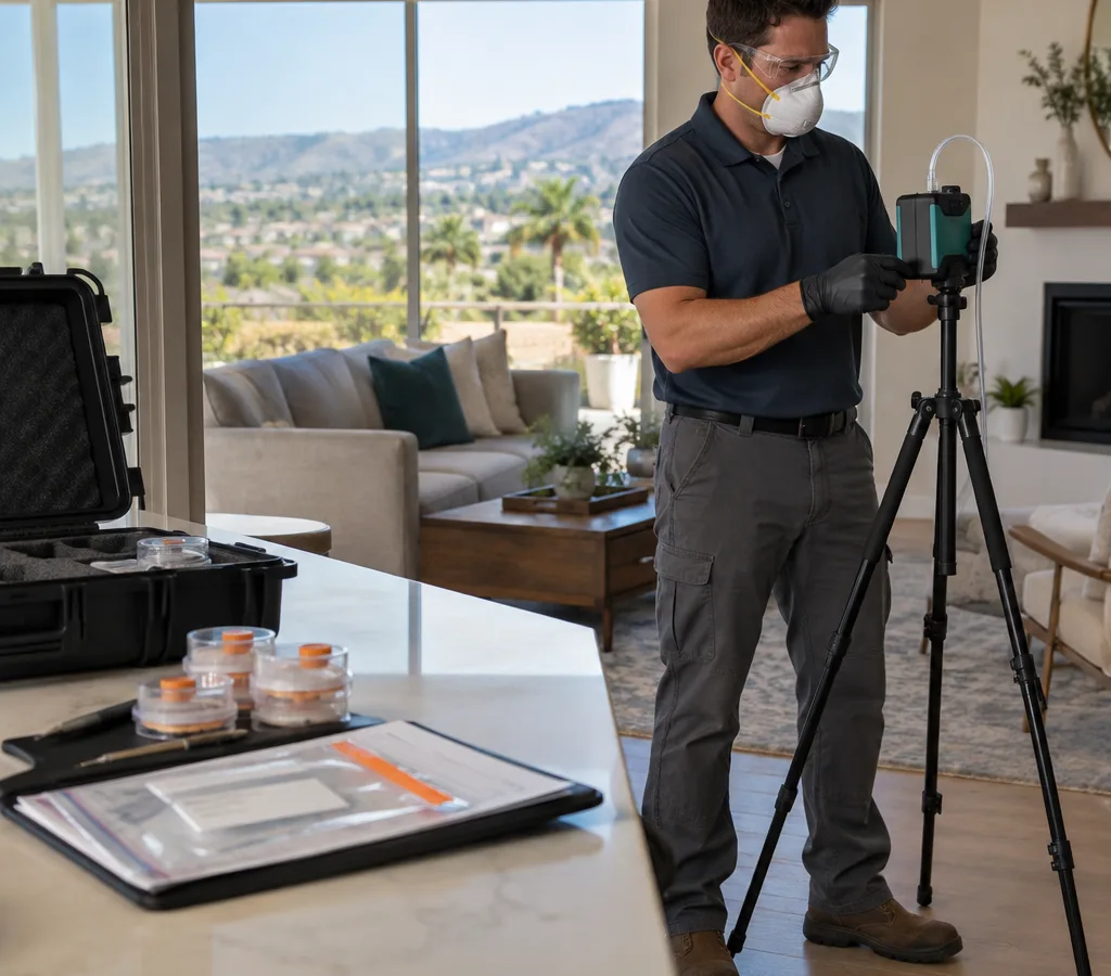 Inspector in PPE collecting an air sample with a calibrated pump and documenting samples inside a Laguna Hills home
