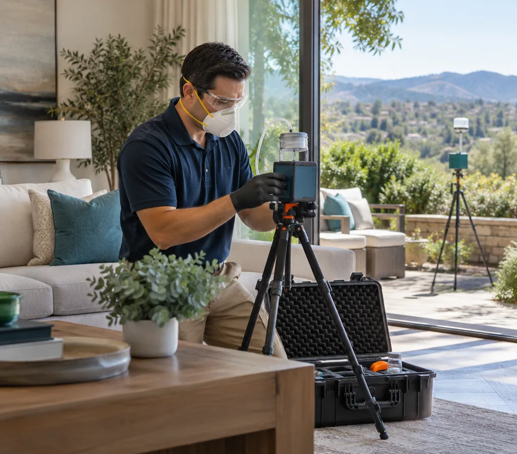 Technician in PPE setting up indoor air sampling equipment in a Laguna Hills home with an outdoor reference sampler nearby