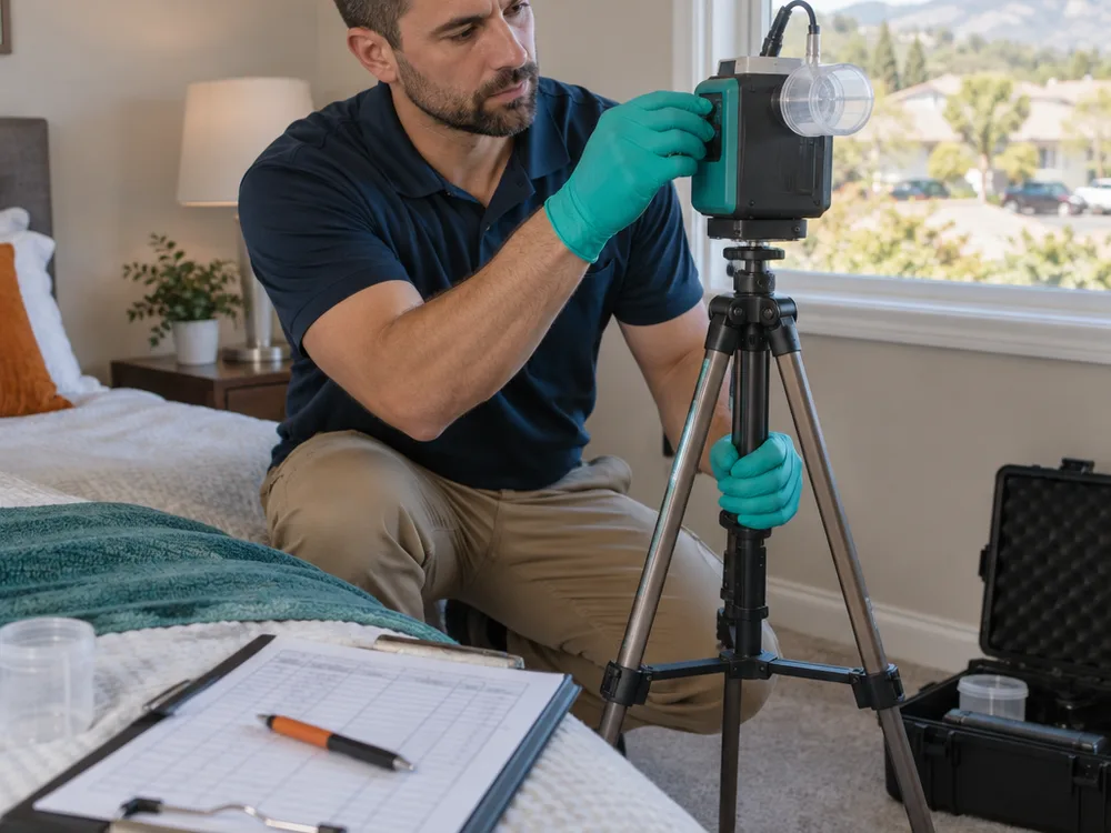Calibrated air sampling pump with a spore trap cassette and field log sheet in a residential room