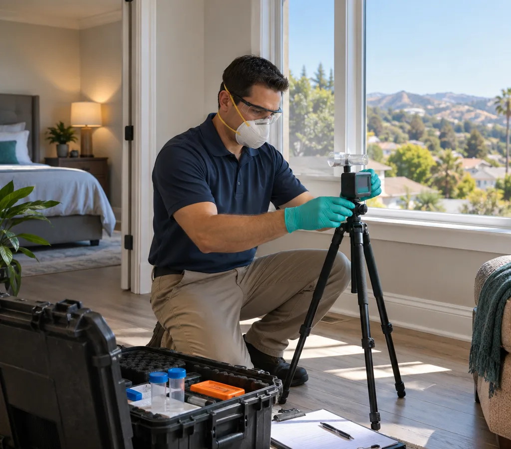 Certified technician setting up a calibrated air sampling pump with a spore trap cassette in a residential room