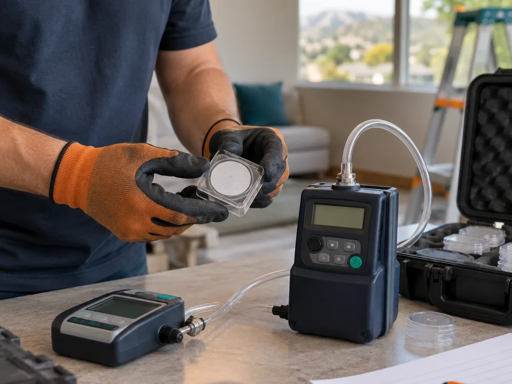 Labeled spore trap cassette beside a calibrated air sampling pump and field calibration device
