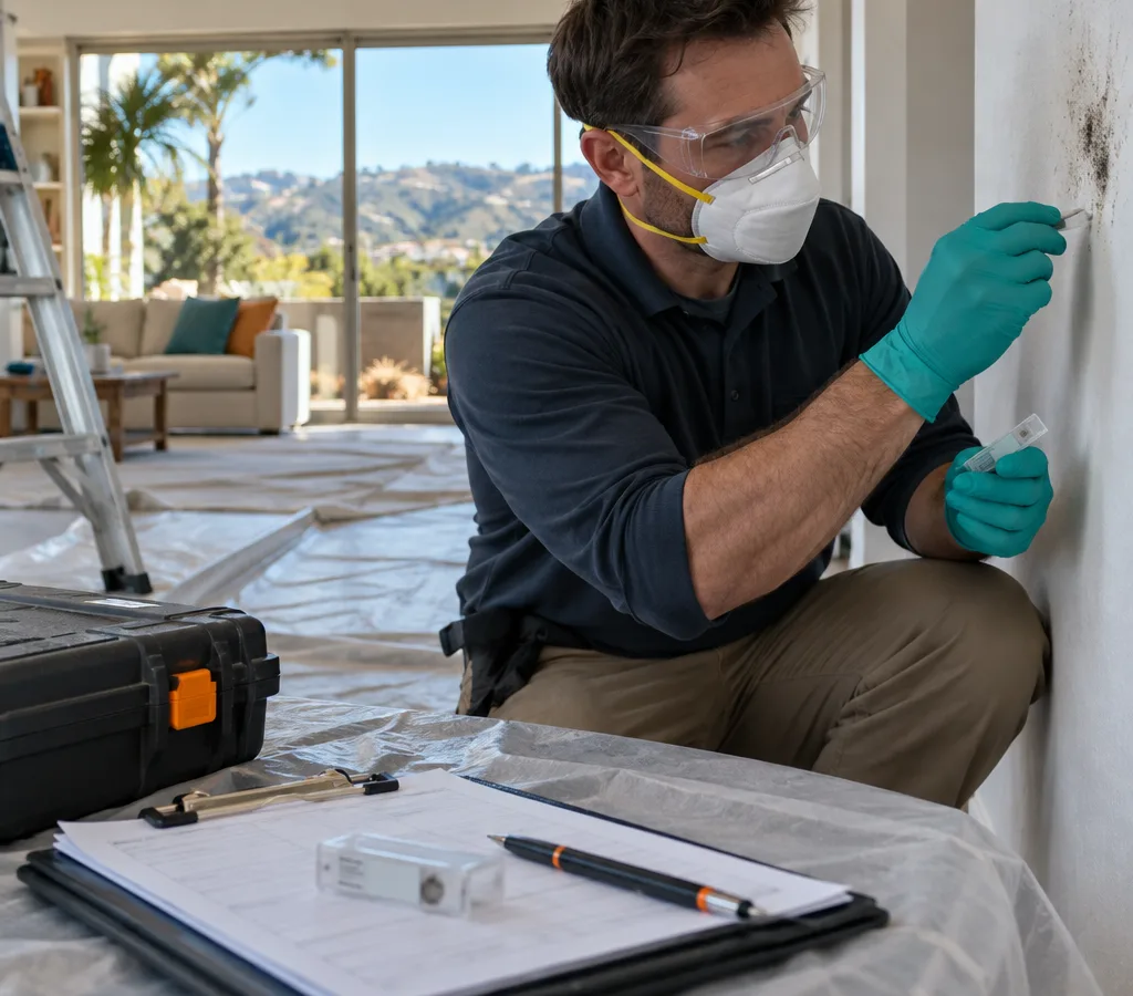 Technician in protective equipment collecting a tape lift sample from visible growth on painted drywall beside a sample cassette and chain-of-custody form