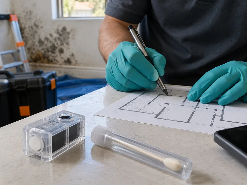 Labeled tape lift cassette and sealed sterile swab tube beside a room sketch while a gloved technician marks the sample location
