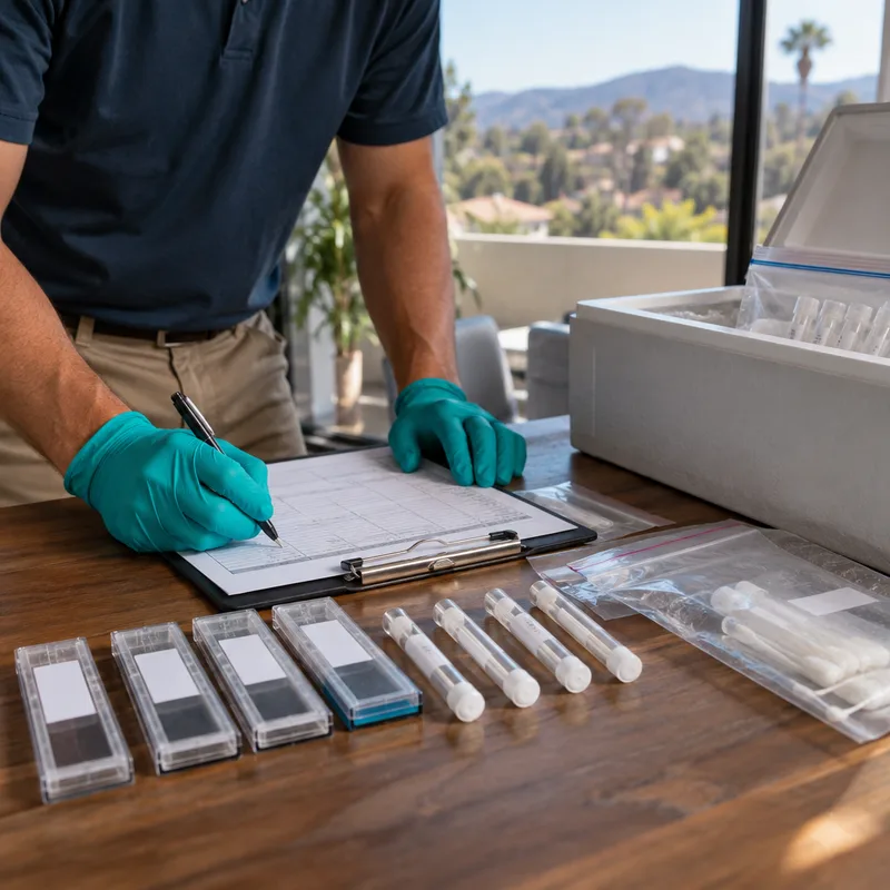 Chain-of-custody form and labeled cassettes and swabs prepared for shipment to the laboratory