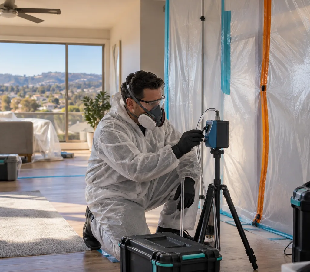 Inspector in PPE setting up an air sampling pump and documenting a containment area for post-remediation verification inside a Laguna Hills home