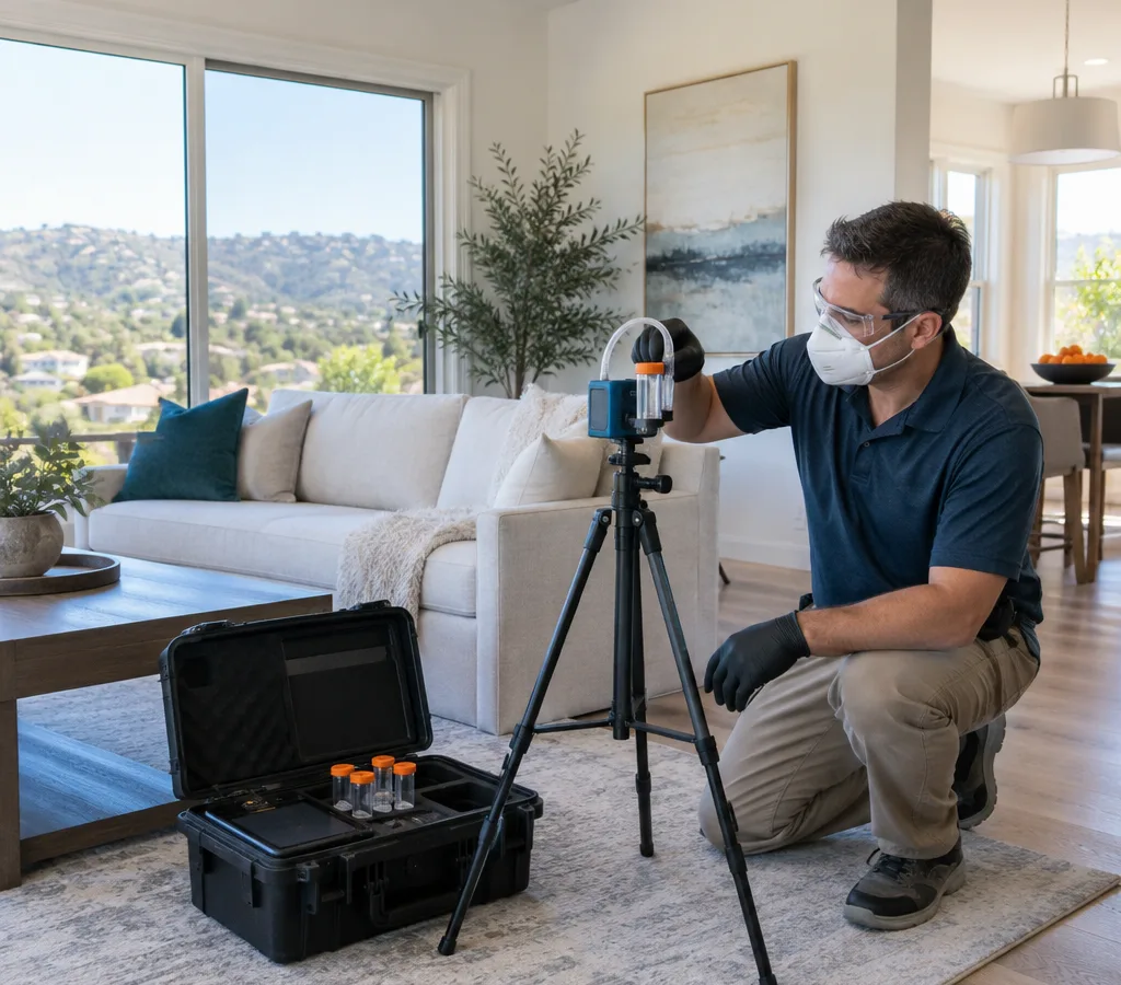 Inspector in PPE collecting an air sample in a clean staged living room during a pre-close real estate mold inspection