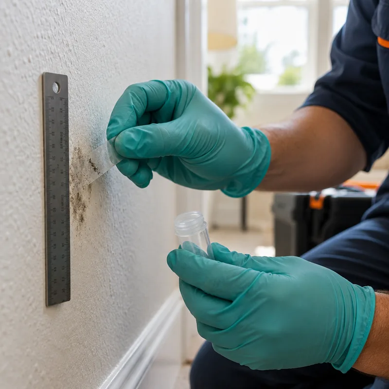 Tape-lift surface sample taken from discolored commercial drywall with a location tag