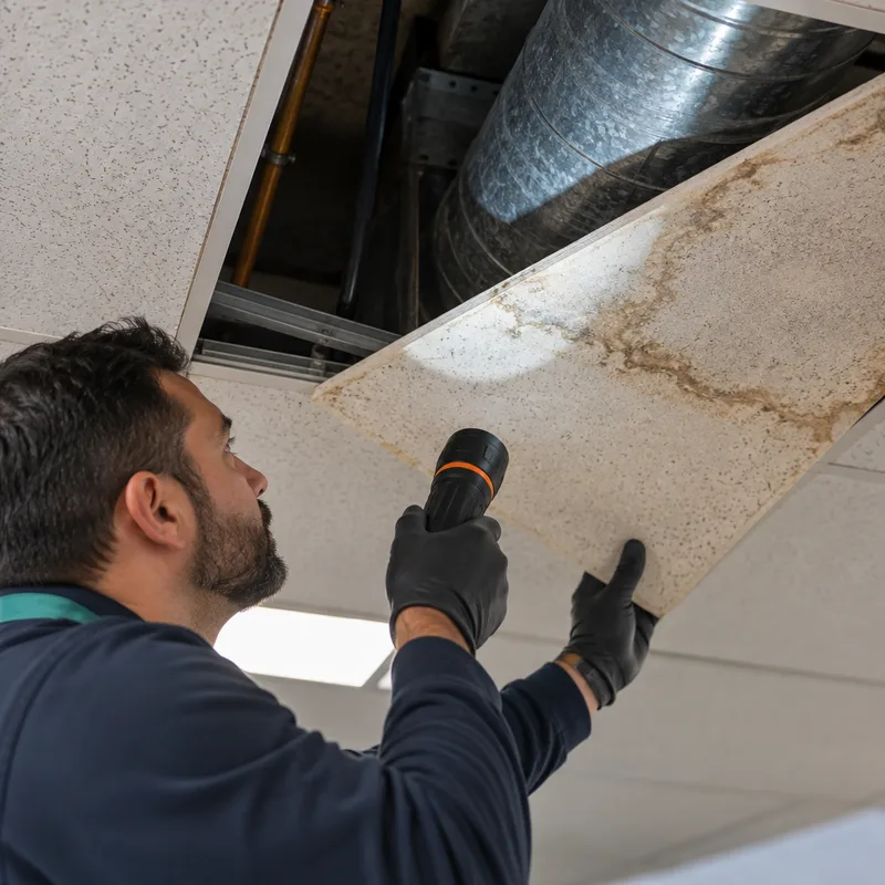 Ceiling tile lifted to inspect water staining and HVAC ductwork above a commercial ceiling
