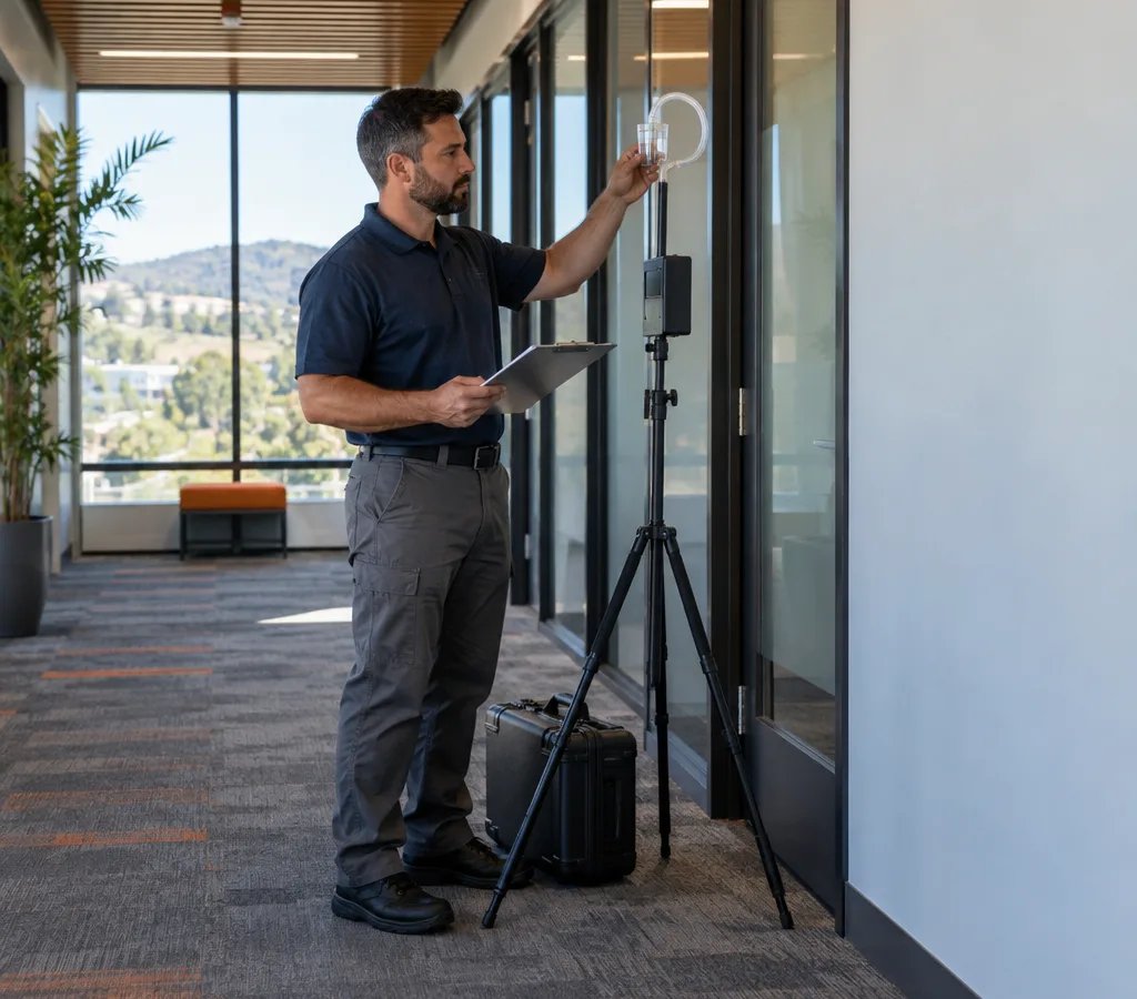 Inspector collecting a commercial office air sample with a calibrated pump and documenting chain of custody