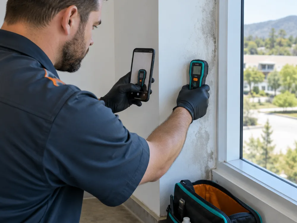 Technician recording a moisture reading on commercial drywall near a window frame