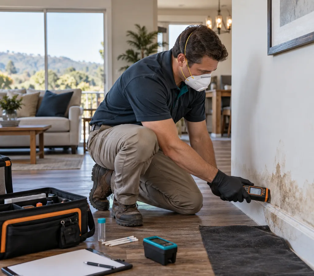 Inspector in PPE using a moisture meter beside a water-stained wall in a Laguna Hills home