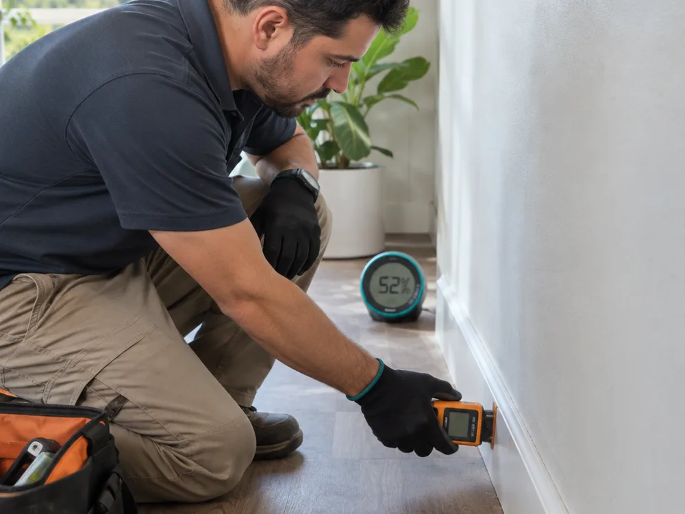 Technician taking a wall-cavity moisture reading near a baseboard with a pin meter and hygrometer